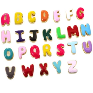 Colorful enamel 26 English letter charms, gold plated copper DIY alphabet pendants for bracelets.
