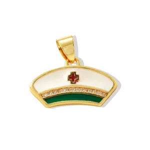Gold nurse cap pendant charm rhinestones red cross green enamel DIY jewelry making accessories