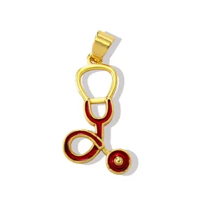Gold-toned metal red enamel stethoscope pendant charm for DIY necklaces bracelets jewelry making
