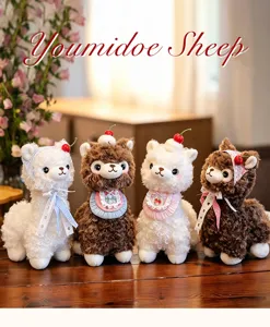 Cute plush sheep alpaca doll with cherry bib headband, soft fluffy stuffed animal toy gift.