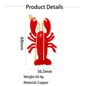Pendentif collier homard émail rouge, matériau en métal de cuivre, bijoux de plage océan élégants.
