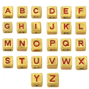 Gold square alphabet beads detail shot, showing A-Z letter charms for DIY jewelry making.