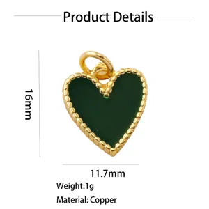 Ciondolo cuore smalto verde ottone placcato oro DIY creazione gioielli charm 16mm