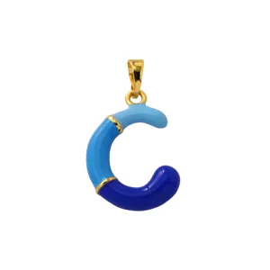 Detailed shot of letter C pendant with colorful enamel and gold plating for hip hop style.