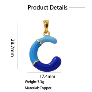 Detailed view of the colorful enamel letter C pendant showing dimensions and material specs.