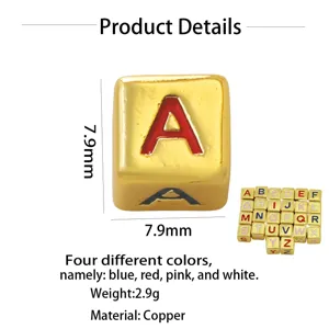 Gold square enamel letter bead for DIY jewelry making, charm bracelet and necklace accessory.