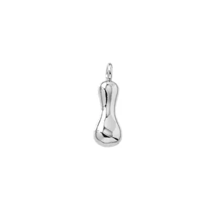 Silver bean pendant detail shot, minimalist metallic organic shape charm for necklaces.