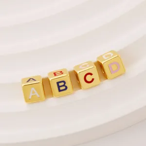 Gold square letter beads, colorful enamel alphabet charms for DIY handmade jewelry bracelets.