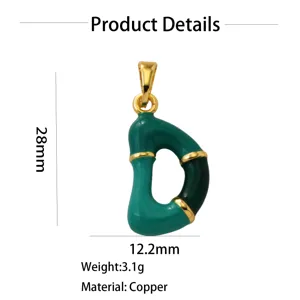 Green enamel letter D pendant detail shot, height 28mm, width 12.2mm, copper material 3.1g.