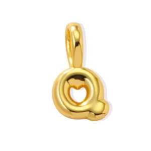 Gold-plated brass letter Q pendant, puffy alphabet charm for DIY necklaces and bracelets.