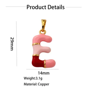 Colorful enamel letter E pendant charm, 29x14mm copper gold plated fashion jewelry accessory.