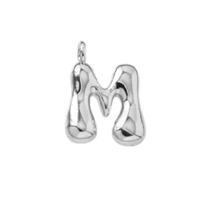 Silver puffy letter M pendant, cute 3D initial necklace charm for stylish jewelry making.