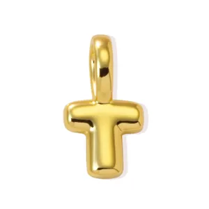 Gold plated letter T pendant detail, minimalist puffy alphabet charm for DIY necklace jewelry.
