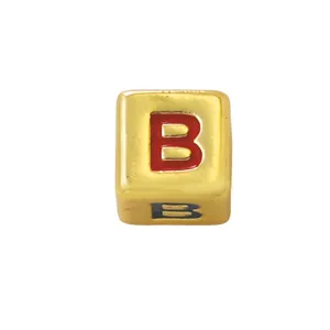 Gold square letter B bead close-up, enamel oil drop jewelry DIY component detail shot
