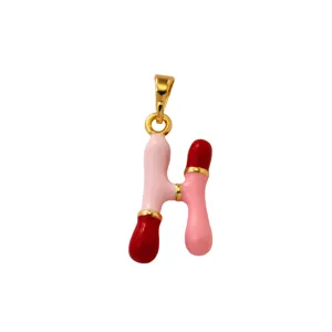 Exquisite letter H pendant detail, featuring vibrant pink and red enamel with 18K gold plated brass.