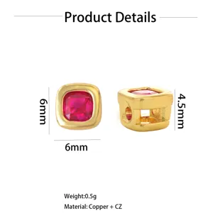 Copper red cubic zirconia square charm bead, 6x6x4.5mm DIY jewelry accessory for bracelets.