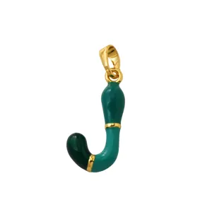 Gold plated brass green enamel letter J pendant detail shot, stylish hip hop jewelry charm.