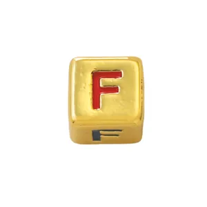 Gold square letter F bead detail, enamel letter charm for DIY jewelry making and bracelets.