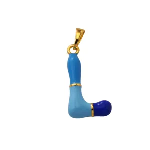 Blue enamel letter L pendant necklace charm with gold plated brass, stylish fashion jewelry.