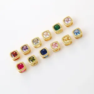 Gold-plated brass square cubic zirconia birthstone DIY jewelry charm beads for bracelet.
