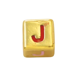 Gold square enamel letter J bead detail close-up, perfect for personalized DIY jewelry making.