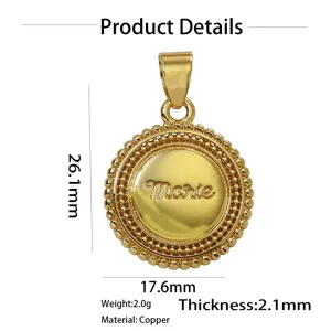 Verguld koper Marie letter ronde hanger detailweergave, afmeting 26.1x17.6mm, gewicht 2.0g.