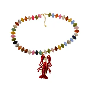 Collier de perles coloré avec pendentif homard rouge pour femme bijou plage