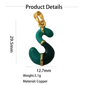Gold plated copper letter S pendant featuring vibrant green enamel and hip hop style details.