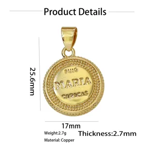 Gedetailleerd overzicht van de vintage gouden messing Maria hanger met afmetingen.
