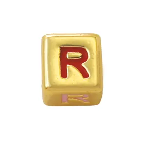Gold plated square alphabet bead with red letter R, perfect for DIY handmade jewelry making.