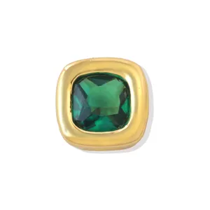Square green zircon brass DIY bead detail shot, polished metal bezel and brilliant gemstone.