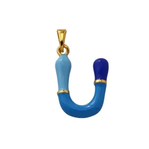 Close-up detail of the colorful enamel letter U pendant showcasing 18k gold plated finish.