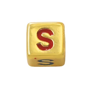 Gold square letter S bead for DIY jewelry making, enamel alphabet charm bracelet necklace.