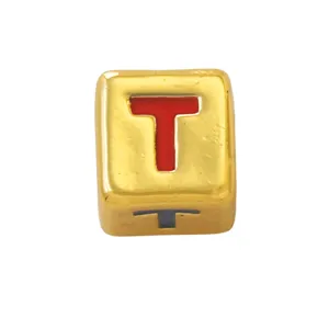 Gold square alphabet bead with red drip oil letter T for DIY jewelry making bracelets necklaces