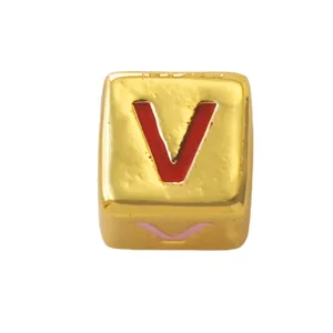 Gold Square Letter V Bead Enamel DIY Pendant Charm Necklace Bracelet Jewelry Making Accessory
