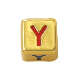 Gold square alphabet bead with red enamel letter Y, ideal for DIY custom jewelry making.