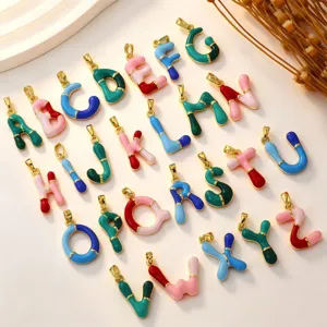 Colorful enamel alphabet pendants A-Z, 18k gold plated brass hip-hop letter DIY charms.