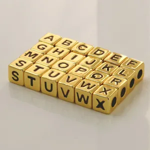 Gold square alphabet letter beads for DIY handmade jewelry making, bracelets, and necklaces.