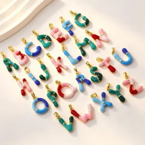 Colorful enamel 26 alphabet letter pendants, 18k gold plated hip-hop necklace charms.