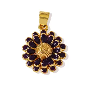 Close-up detail of the gold-plated purple enamel sunflower flower pendant necklace charm.