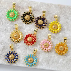 Colorful enamel sunflower pendants gold plated copper floral charms for DIY necklace jewelry