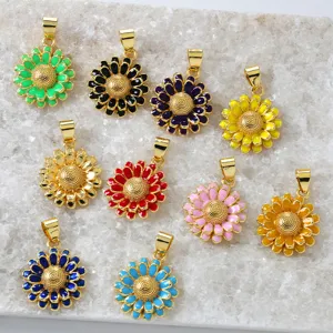 Colorful enamel sunflower pendant copper gold plated floral charm jewelry necklace accessory