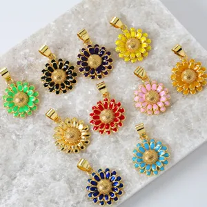 Colorful enamel sunflower pendants gold plated charm jewelry detail display for handmade necklaces.