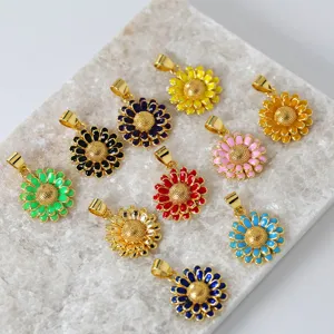 Details of colorful enamel sunflower pendant, minimalist copper gold-plated daisy jewelry charms.