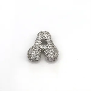 Silver tone bubble letter A pendant, micro pave zirconia crystal detail, shiny DIY jewelry piece.