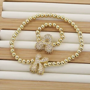 Gold Pave Zircon Balloon Letter Bow Bracelet and Ring Set Chic Fashion Jewelry Accessories