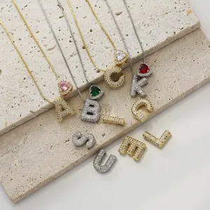 Koperen micro-geplaveide zirkoon alfabet letter hanger ketting met geboortesteen hart DIY sieraden.