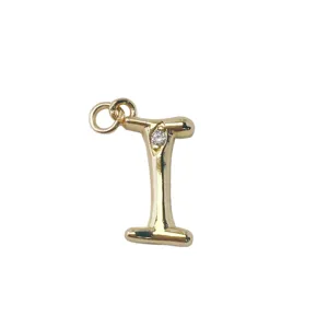 Gold plated brass letter I pendant charm with sparkling rhinestone, perfect for DIY jewelry.