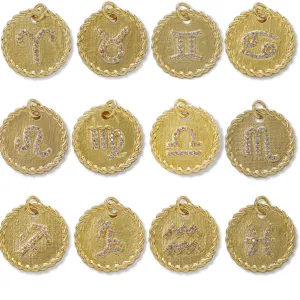 18K Gold Plated Copper Rhinestone Zodiac Sign Round Coin Pendant Charms For DIY Necklace Bracelet Jewelry Making For Women
