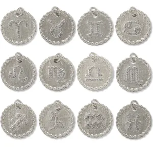 Detail view of twelve zodiac sign round pendants, copper micro-paved clear cubic zirconia jewelry.